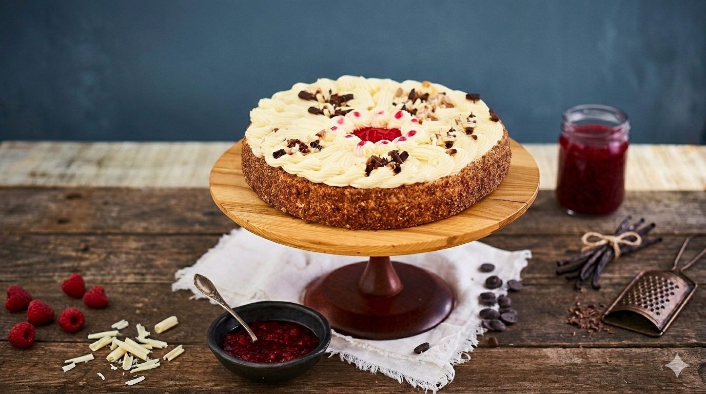 Mājas torte ar vārīto krēmu un svaigām avenēm (Ejam ciemos!)