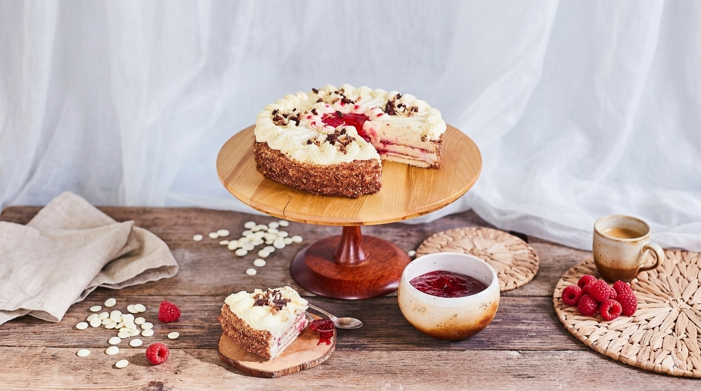 Mājas torte ar vārīto krēmu un svaigām avenēm (Ejam ciemos!)