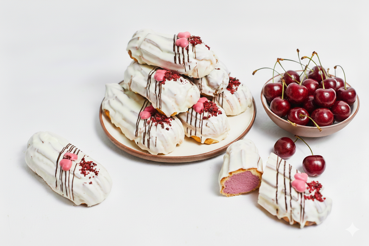 Ķiršu eklērs ar sirsniņu dekorējumu